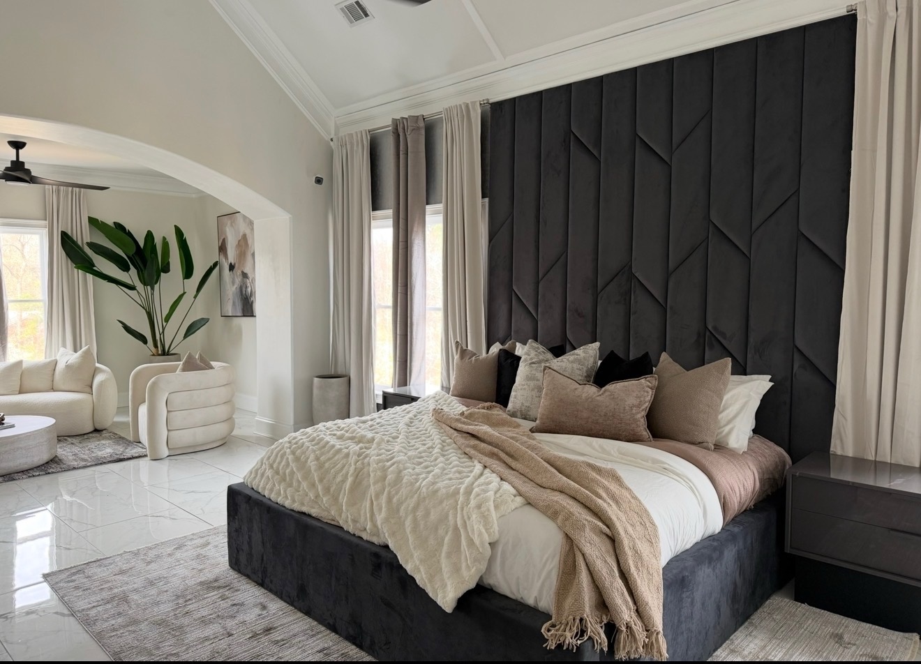 Velvet master suite with geometric headboard — Janeve Interiors